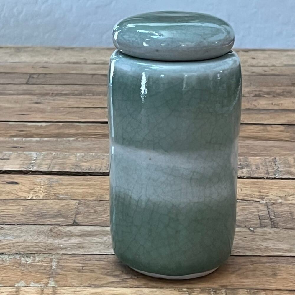 Studio Art Ceramic Lidded Storage Jar 6" Sage Green Crackle Salt Glaze